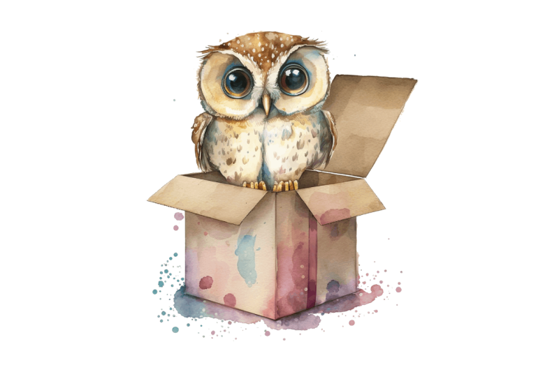 watercolor-cute-owl-girl-in-gift-box-clipart-bundle