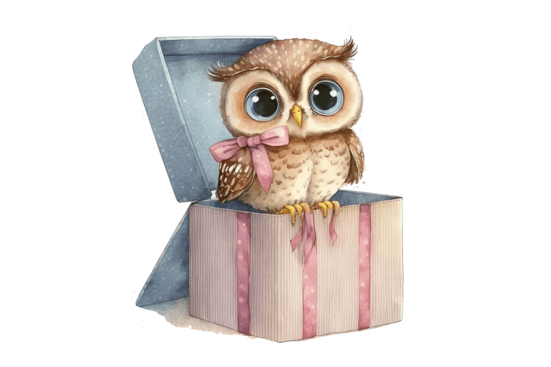 watercolor-cute-owl-girl-in-gift-box-clipart-bundle