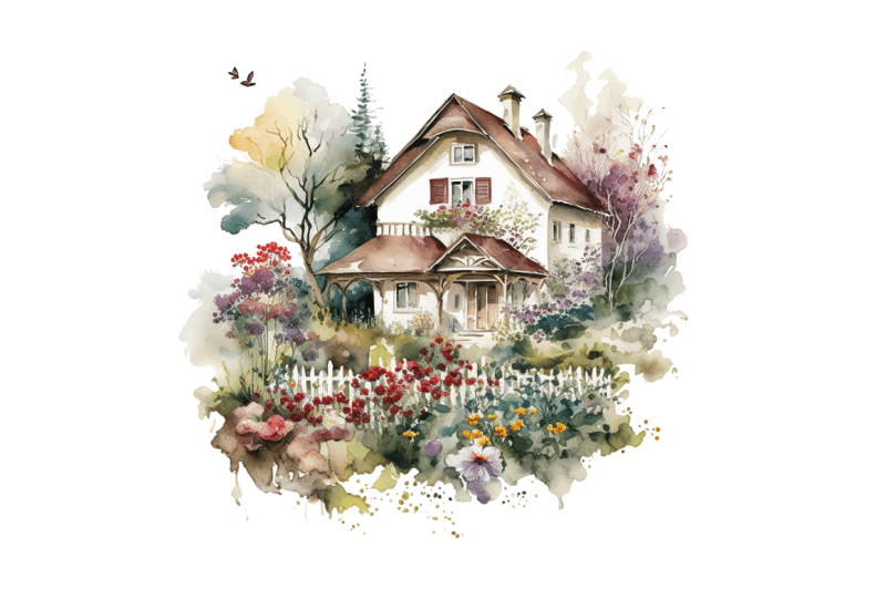 watercolor-house-in-flower-garden-clipart-bundle