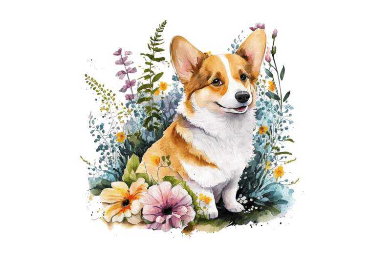 atercolor-cute-corgi-and-flowers-clipart-bundle