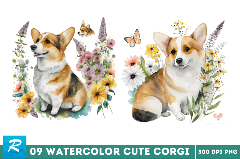 atercolor-cute-corgi-and-flowers-clipart-bundle