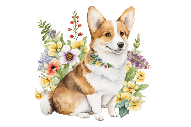 atercolor-cute-corgi-and-flowers-clipart-bundle