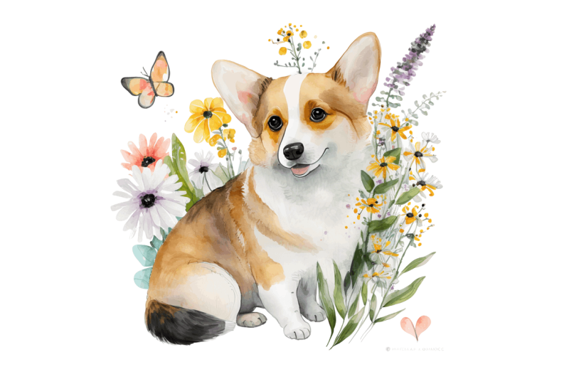 atercolor-cute-corgi-and-flowers-clipart-bundle