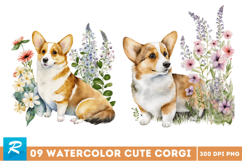 atercolor-cute-corgi-and-flowers-clipart-bundle