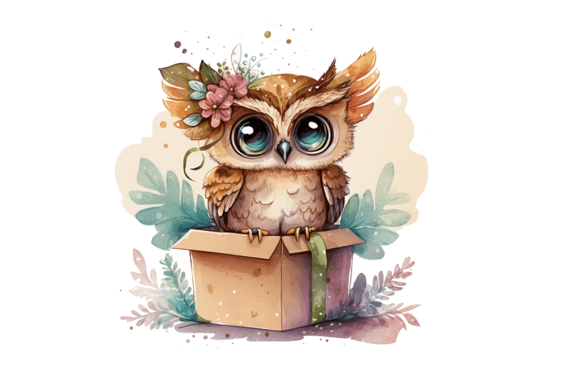 watercolor-cute-owl-girl-in-gift-box-clipart-bundle