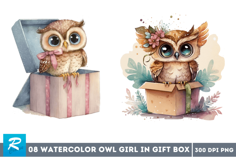 watercolor-cute-owl-girl-in-gift-box-clipart-bundle