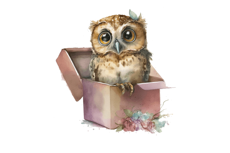 watercolor-cute-owl-girl-in-gift-box-clipart-bundle