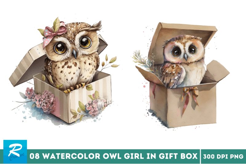 watercolor-cute-owl-girl-in-gift-box-clipart-bundle