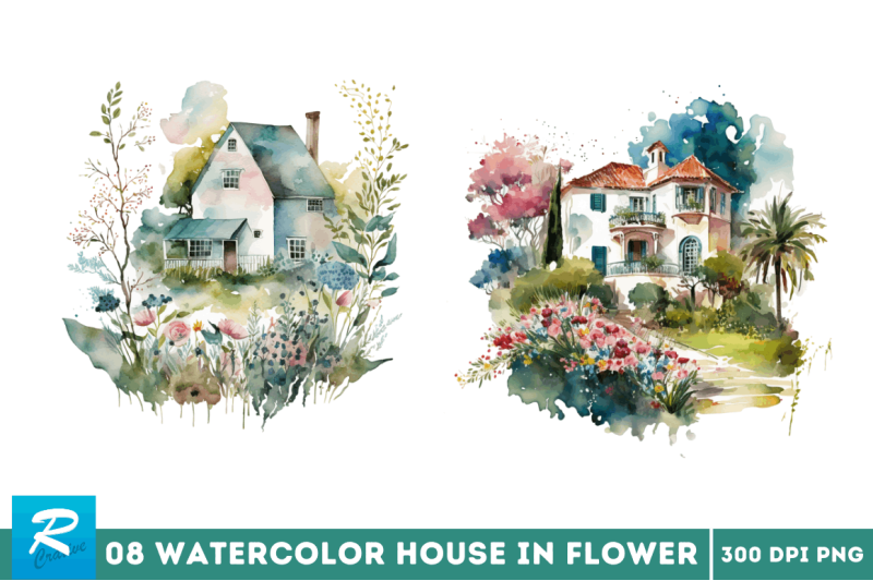 watercolor-house-in-flower-garden-clipart-bundle