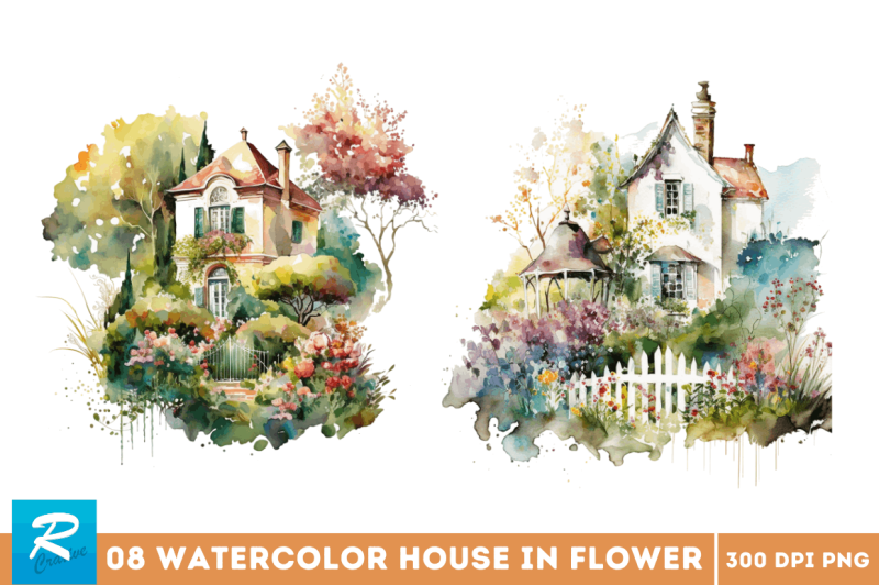 watercolor-house-in-flower-garden-clipart-bundle