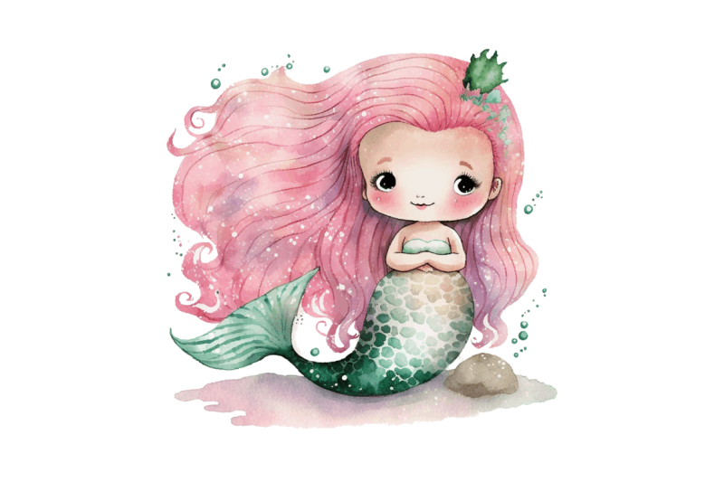 watercolor-cute-pink-mermaid-clipart-bundle