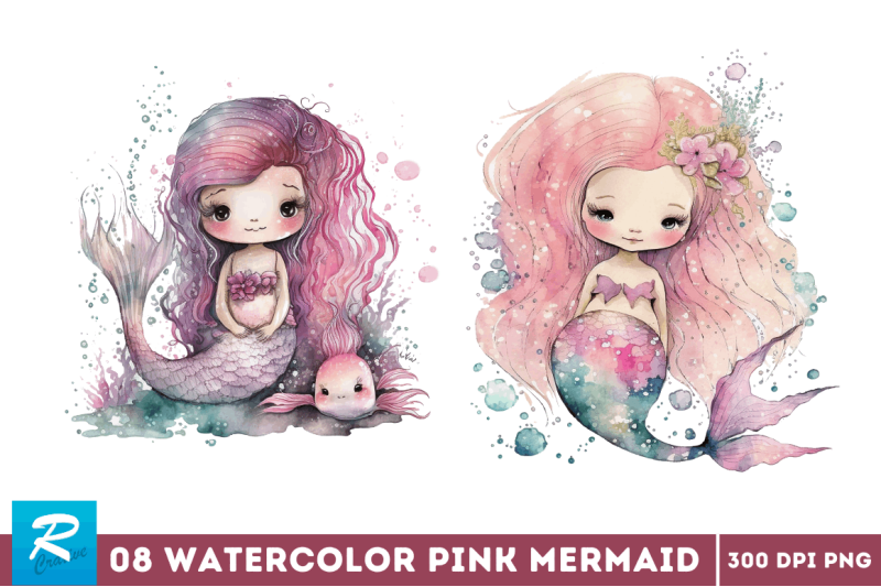 watercolor-cute-pink-mermaid-clipart-bundle