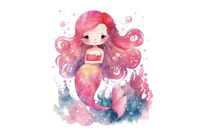 watercolor-cute-pink-mermaid-clipart-bundle