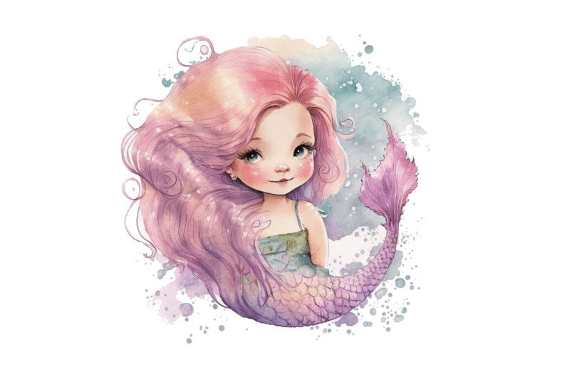 watercolor-cute-pink-mermaid-clipart-bundle