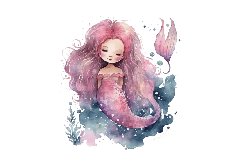 watercolor-cute-pink-mermaid-clipart-bundle