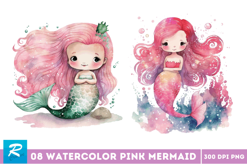 watercolor-cute-pink-mermaid-clipart-bundle