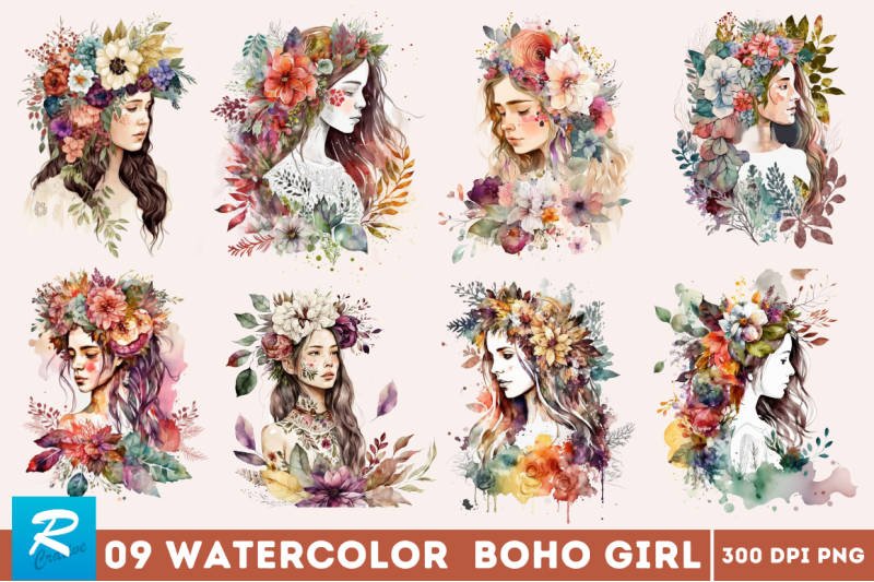 watercolor-floral-boho-girl-clipart-bundle