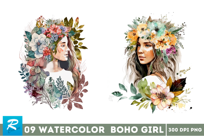 watercolor-floral-boho-girl-clipart-bundle