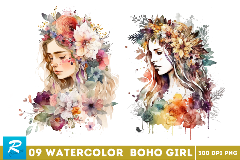 watercolor-floral-boho-girl-clipart-bundle