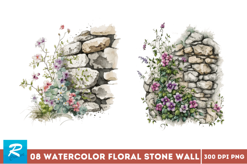 watercolor-floral-stone-wall-clipart-bundle