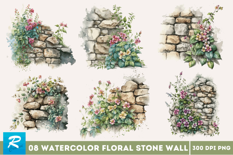 watercolor-floral-stone-wall-clipart-bundle