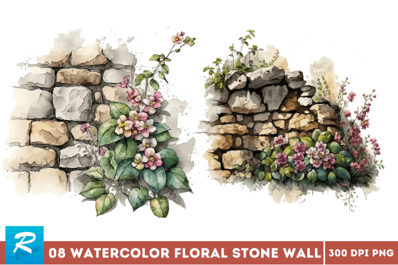 watercolor-floral-stone-wall-clipart-bundle