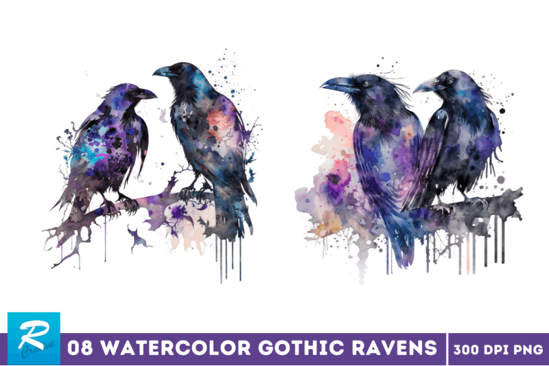 watercolor-gothic-ravens-clipart-bundle