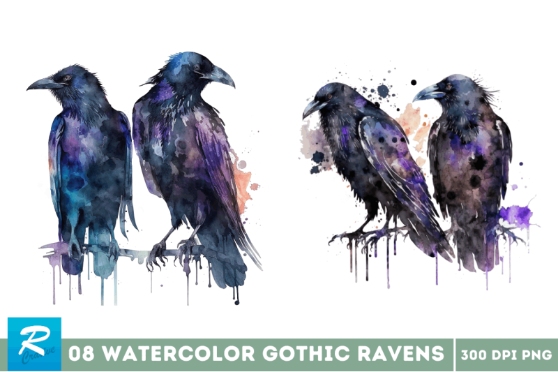 watercolor-gothic-ravens-clipart-bundle