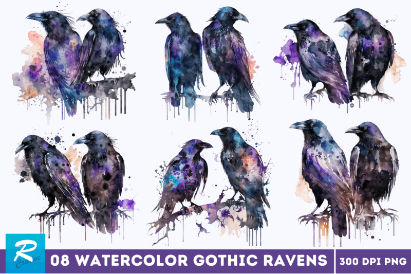 watercolor-gothic-ravens-clipart-bundle