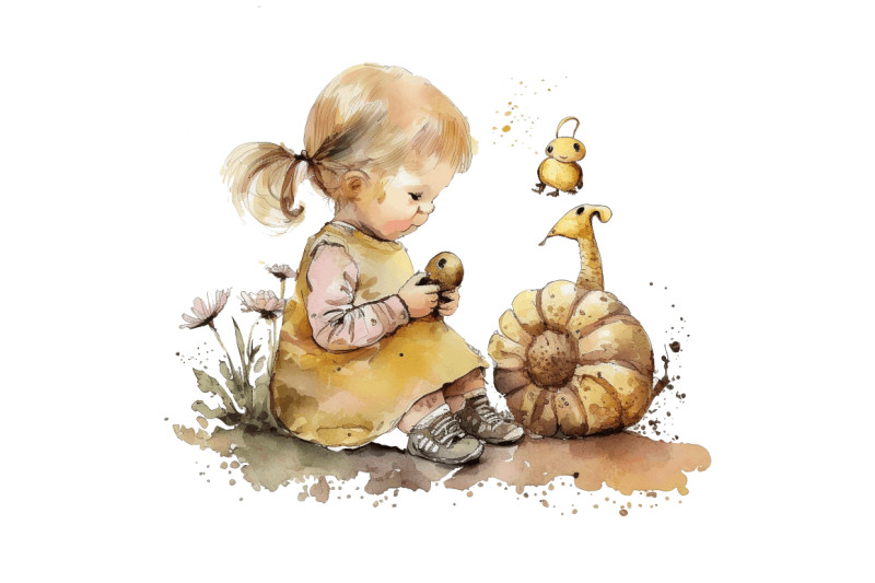 watercolor-little-girl-and-snails-clipart-bundle