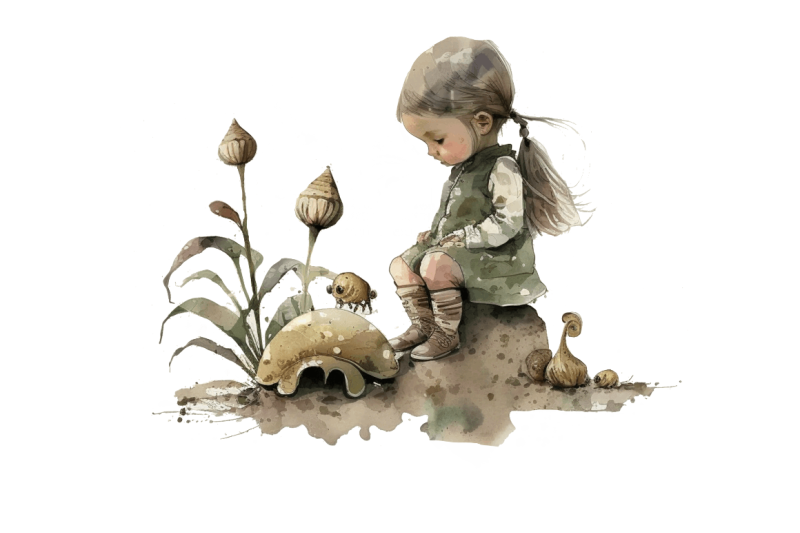 watercolor-little-girl-and-snails-clipart-bundle