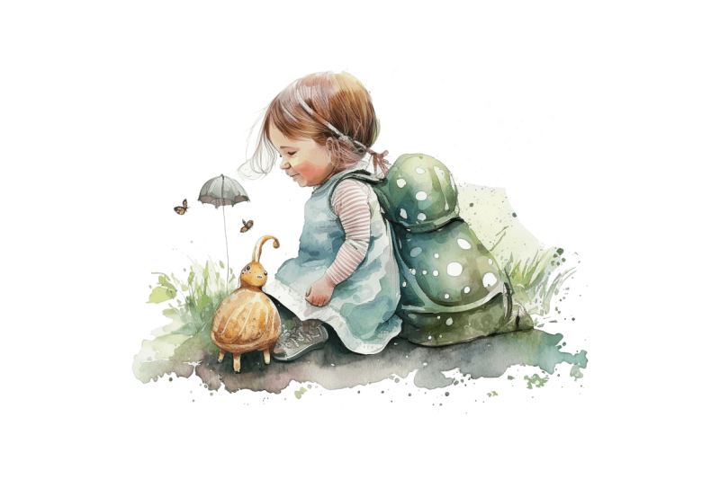 watercolor-little-girl-and-snails-clipart-bundle