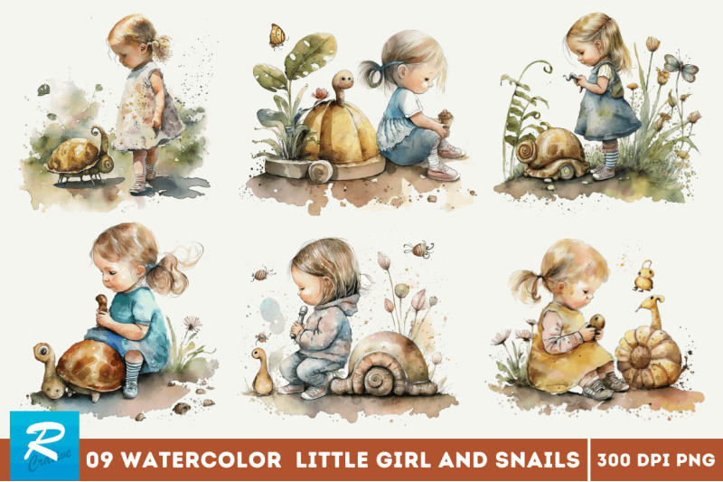 watercolor-little-girl-and-snails-clipart-bundle