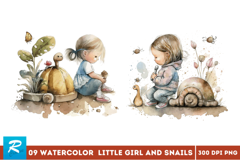 watercolor-little-girl-and-snails-clipart-bundle