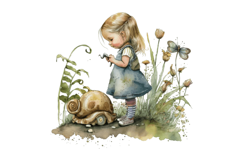 watercolor-little-girl-and-snails-clipart-bundle