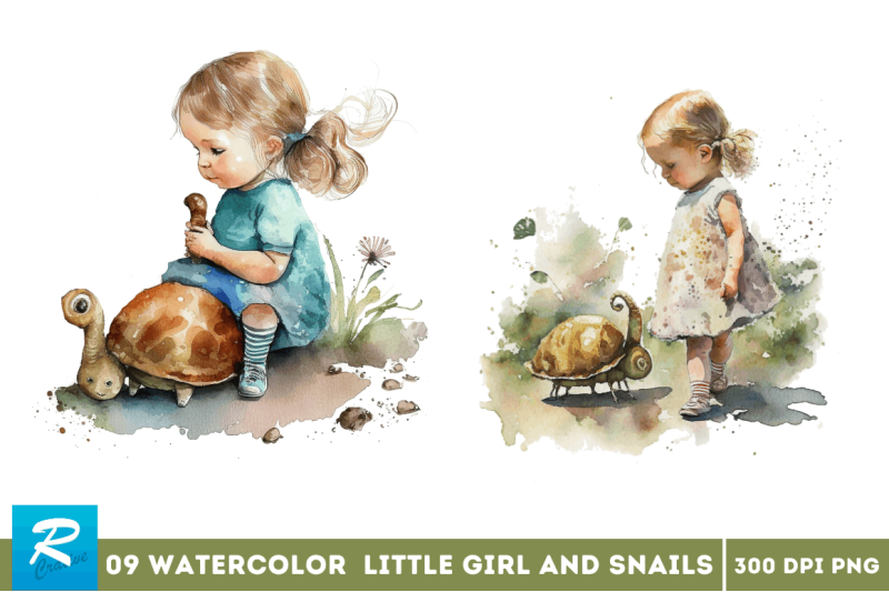 watercolor-little-girl-and-snails-clipart-bundle