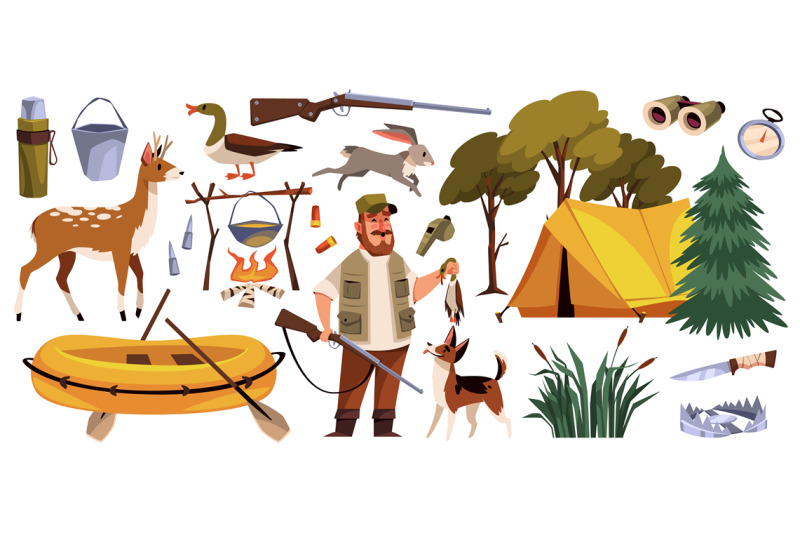 cartoon-hunter-character-with-equipment-funny-man-with-a-hunting-dog