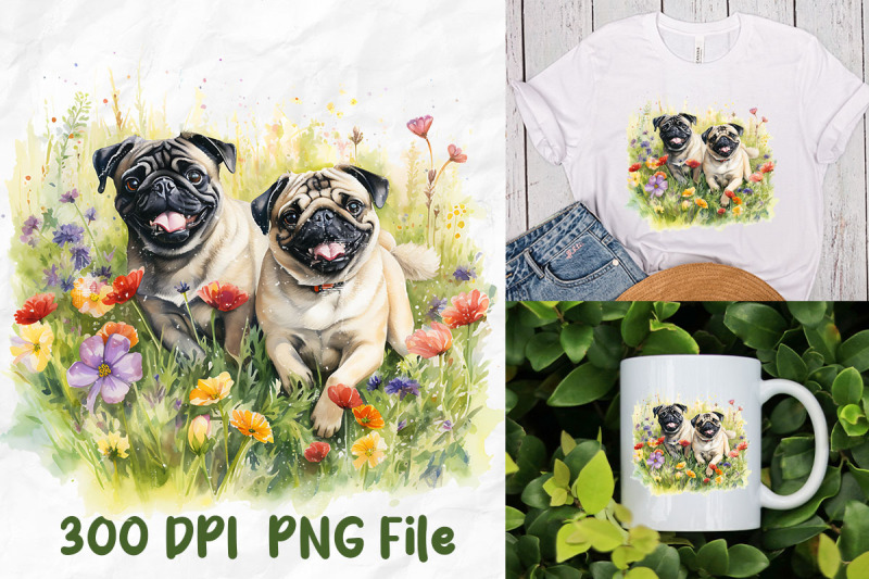 vintage-cute-pug-dog-wild-flower-garden