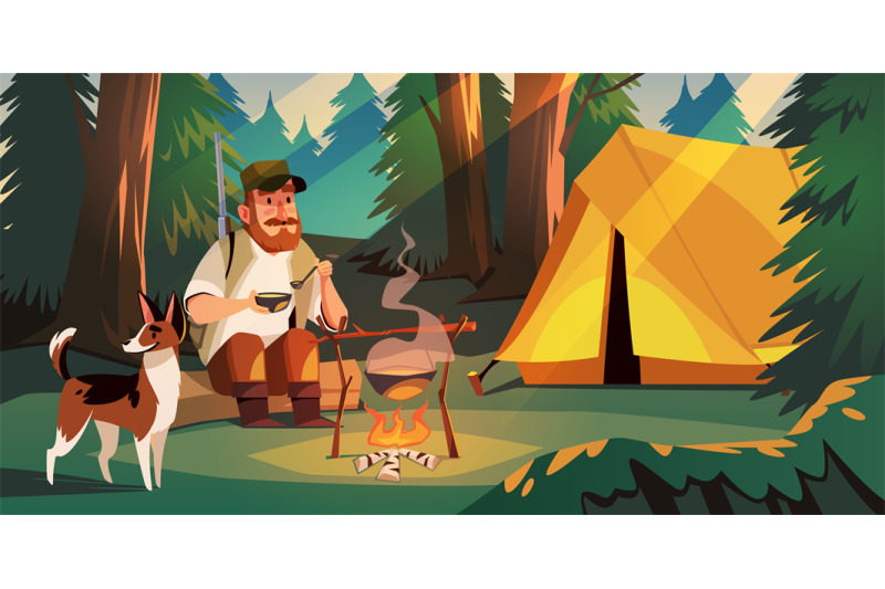 hunter-on-nature-man-with-dog-in-forest-with-tent-brought-in-search