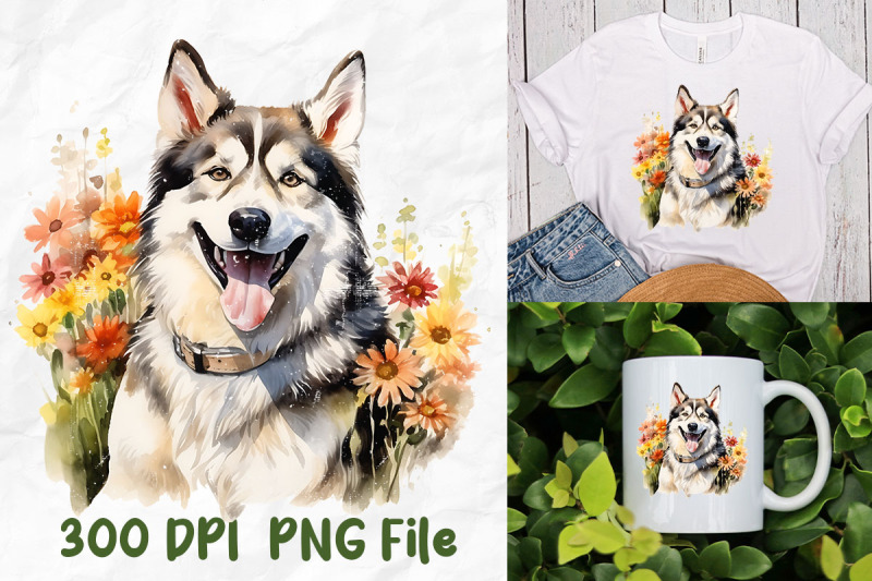 vintage-smiling-husky-dog-wild-flower