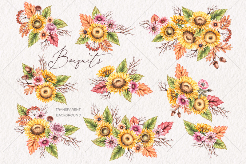 watercolor-autumn-bouquets-with-sunflowers-png