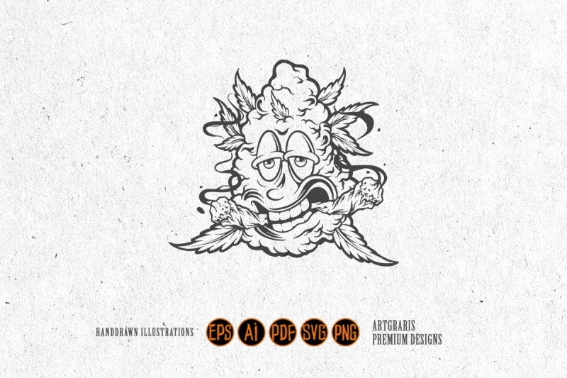 leaf-laughs-cannabis-bud-monster-smoking-weed-monochrome