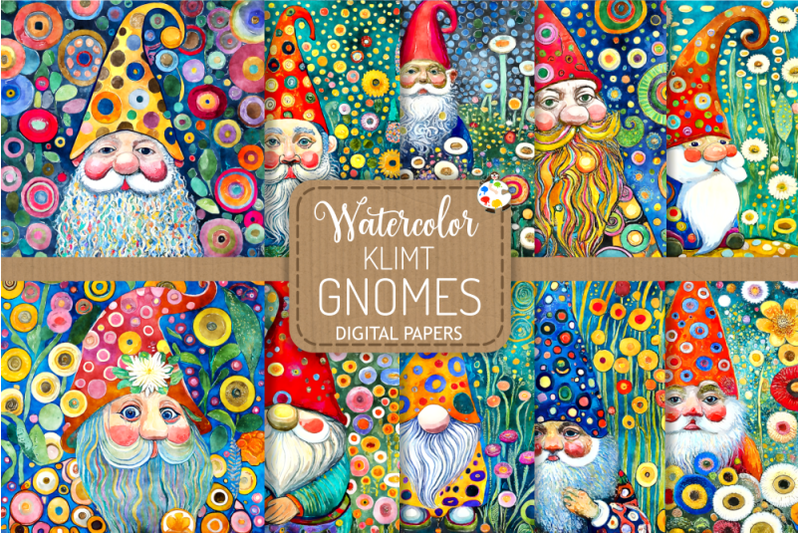 klimt-gnomes-watercolor-digital-paper-paintings