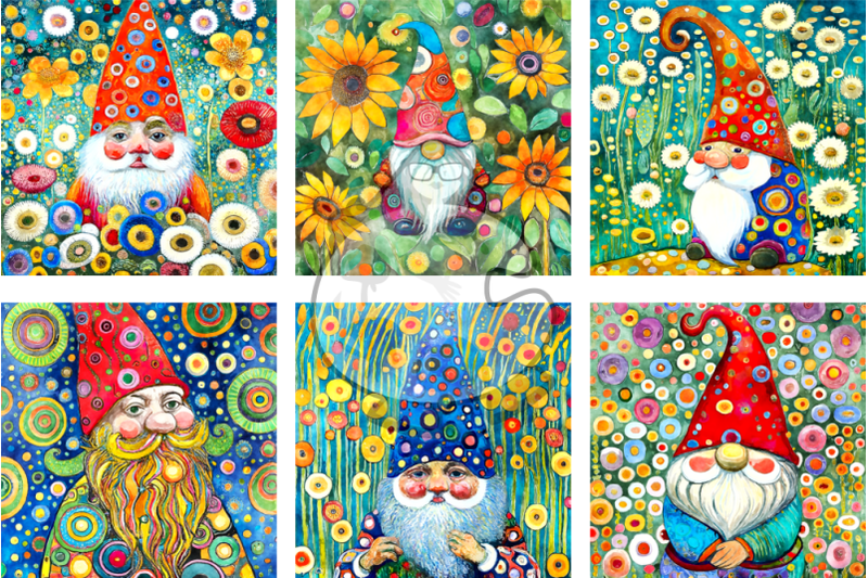 klimt-gnomes-watercolor-digital-paper-paintings