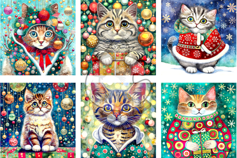 christmas-cats-watercolor-portrait-paintings