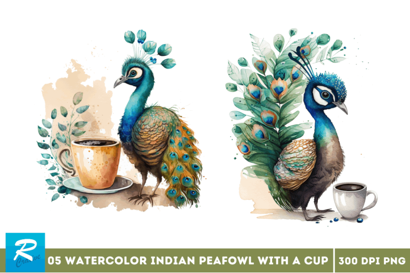 watercolor-cute-indian-peafowl-with-a-cup-clipart-bundle