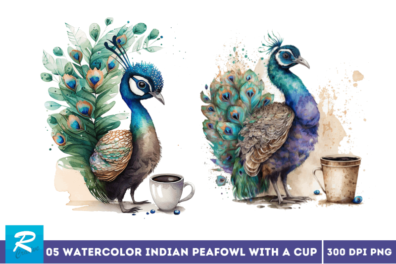 watercolor-cute-indian-peafowl-with-a-cup-clipart-bundle