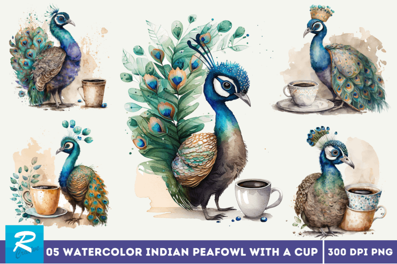 watercolor-cute-indian-peafowl-with-a-cup-clipart-bundle