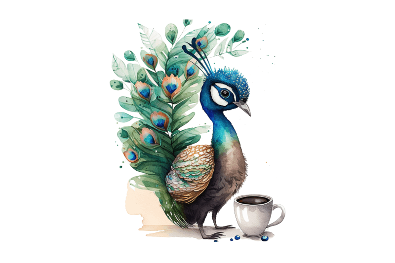 watercolor-cute-indian-peafowl-with-a-cup-clipart-bundle