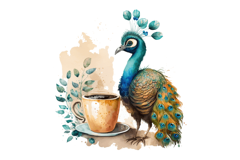 watercolor-cute-indian-peafowl-with-a-cup-clipart-bundle